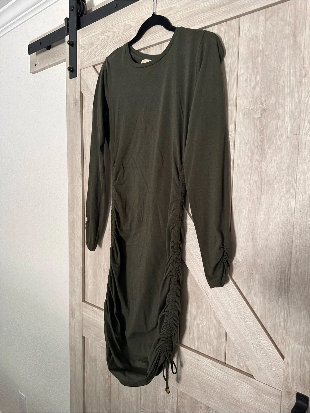 Michael Kors Olive Long Sleeve Ruched Midi Dress